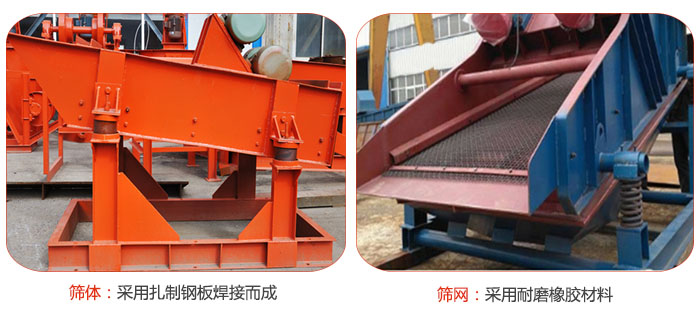 礦用振動(dòng)篩特點(diǎn)：篩體采用扎制鋼板焊接而成，篩網(wǎng)采用耐磨橡膠材質(zhì)