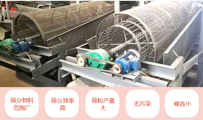 滾筒篩分機主要特點：篩分物料范圍廣，篩分效率高，篩分產量大，無污染，噪音小。