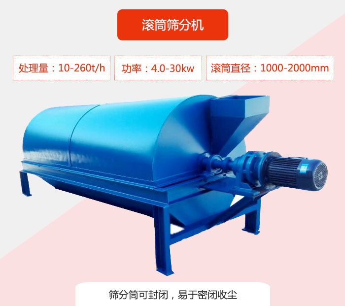 滾筒篩分機：處理能力：10-260t/h  功率：4.0-30kw 滾筒直徑：1000-2000mm 篩分筒可封閉，易于密閉收塵