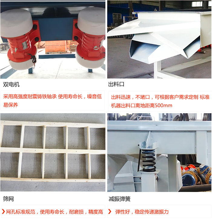 直線振動篩優(yōu)勢：雙電機：采用高強度耐震鑄鐵軸承 使用壽命長，噪音低，易保養(yǎng) 出料口：出料迅速，不堵口，可根據(jù)客戶需求定制 標準機器出料口離地距離500mm 篩網(wǎng)：網(wǎng)孔標準規(guī)范，使用壽命長，耐磨損，精度高 減振彈簧：彈性好，穩(wěn)定傳遞激振力