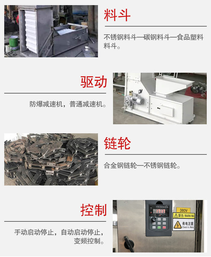 z型斗式提升機(jī)料斗：不銹鋼料斗-碳鋼料斗-食品塑料料斗。驅(qū)動裝置采用的式防爆減速機(jī)，普通減速機(jī)兩種。鏈輪采用合金鏈輪-不銹鋼鏈輪控制器：手動啟動/停止，以及自動啟動停止。