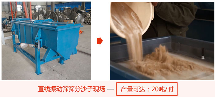 直線振動篩篩分沙子現場展示，產量高達20噸每小時。