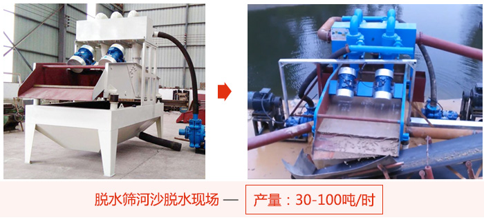 脫水篩河沙脫水現場，產量可達100噸每小時。