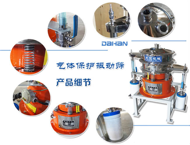 氣體保護振動篩細(xì)節(jié)：振動彈簧，手動閥門，料罐等。